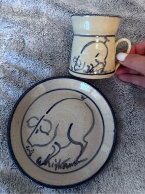 Child’s Cream and Blue Ceramic Plate and Mug Set by Unknown Brand